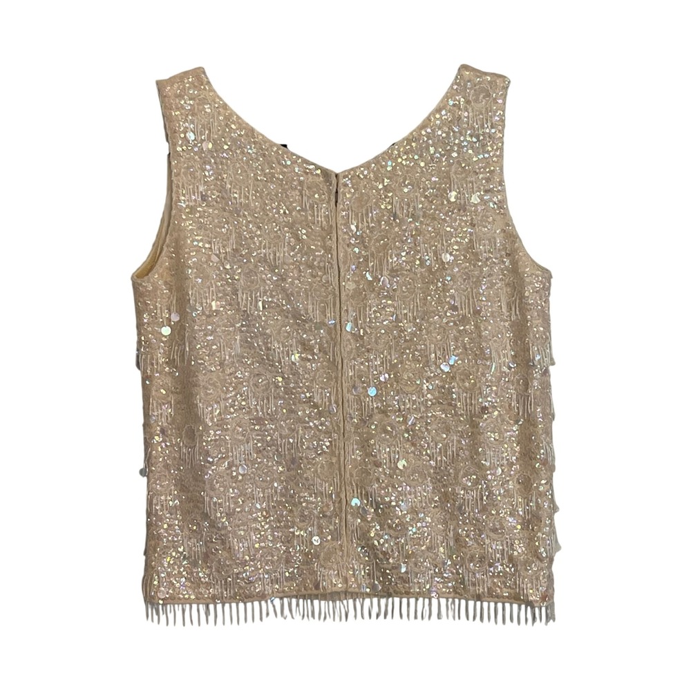 Vintage Wool Sequin Beaded Fringe Top Cream Iridescent Small Flapper Gatsby - Picture 2 of 7